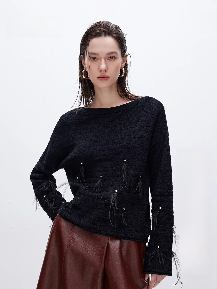 

Loose Women's Knitted Sweater Feather Rhinestone Decorated Spring 2026 New Sle Cotton Nylon Blend Long Sve Regular Length