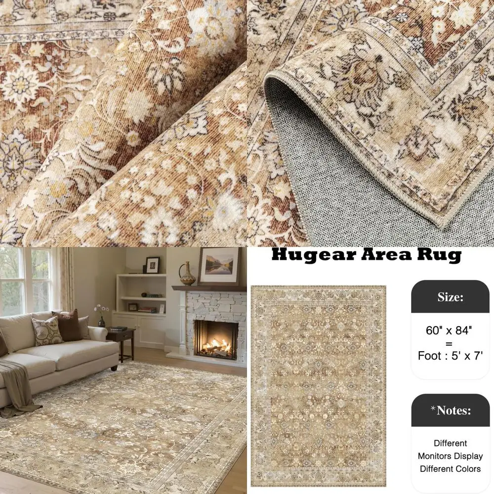 Brown and Beige 5x7 Machine Washable Rug - Soft Low Pile Floral Carpet for Hallway, Living Spaces, and More