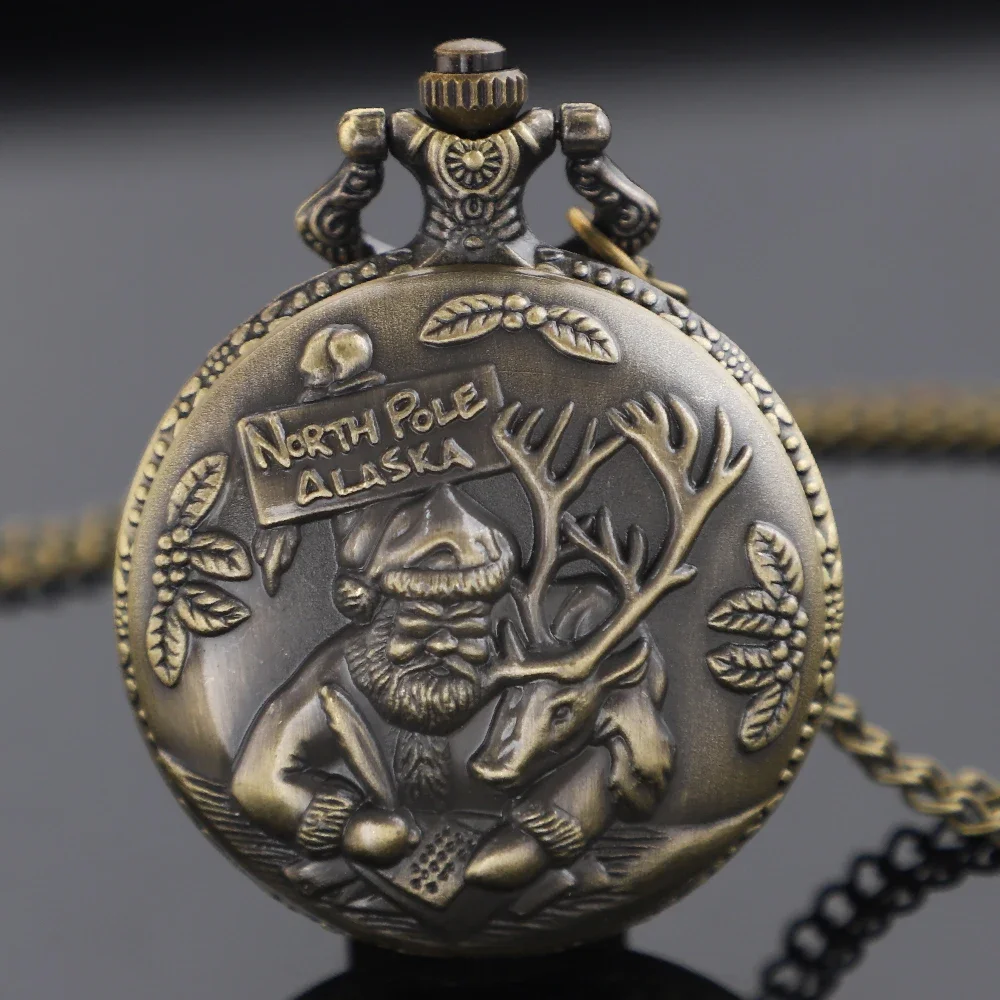 خمر سانتا كلوز الرجعية البرونزية ساعة الجيب كوارتز ساعة قلادة قلادة الساعات للرجال النساء الاطفال هدايا عيد الميلاد #3