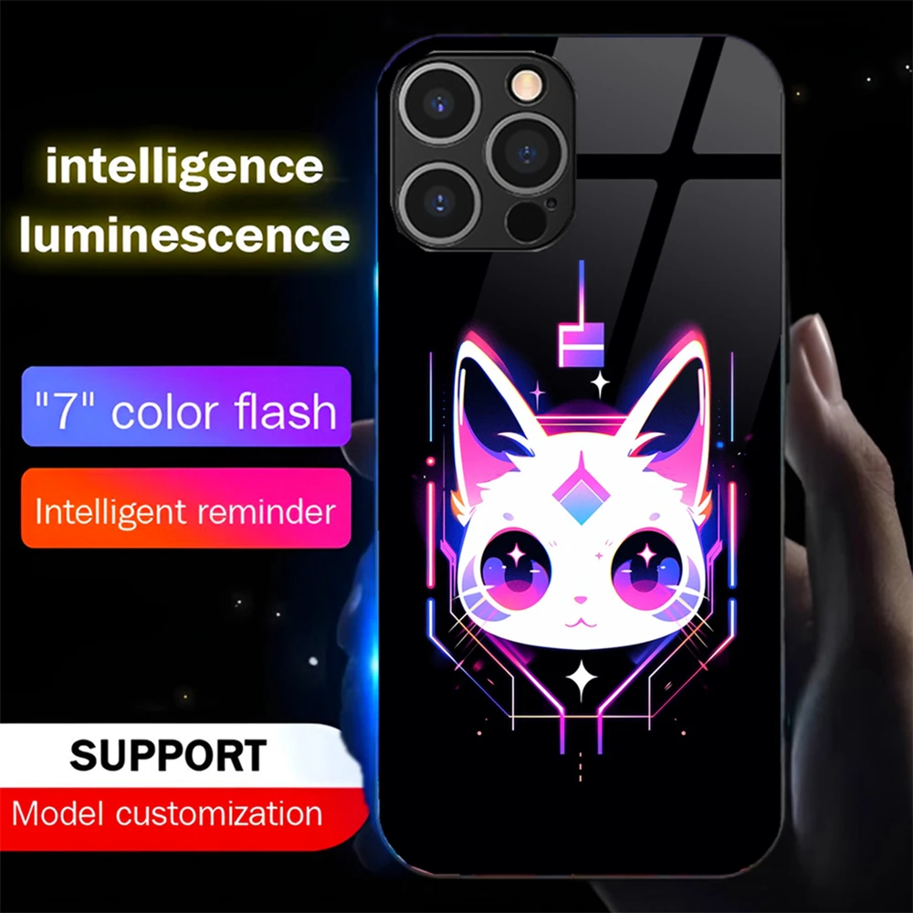 

Cute Cat Cartoon Protective Glass LED Flash Phone Case Luminous Phone Cover For iPhone Air 17 16 E 15 14 13 12 11 Pro Max Plus
