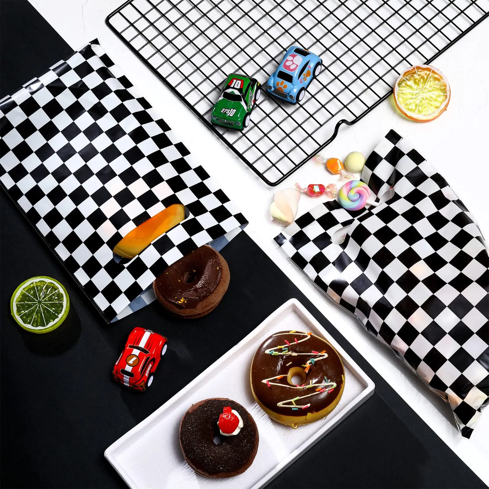 30Pcs/Set Race Car Party Decorations Goodies Black Gift Bag Two Fast Birthday Theme Black and White Checkered Party Black Bag