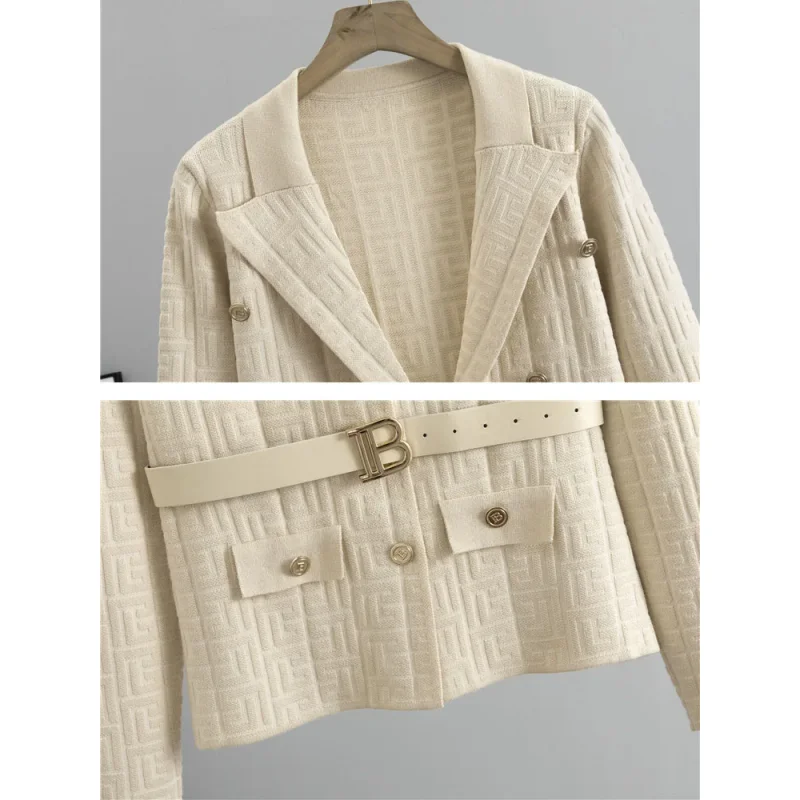 Chic Design Knitted 2 Piece Sets Women Single Breasted Knit Sweater Cardigan Tops With Belt Conjuntos High Waist Skirts Outfit view 5