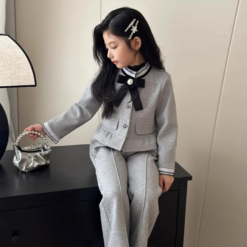 College Style Girls' Autumn Set Long Sleeved Bow Detail Top  Flared Pants Two-Piece Fashionable Fall Outfit