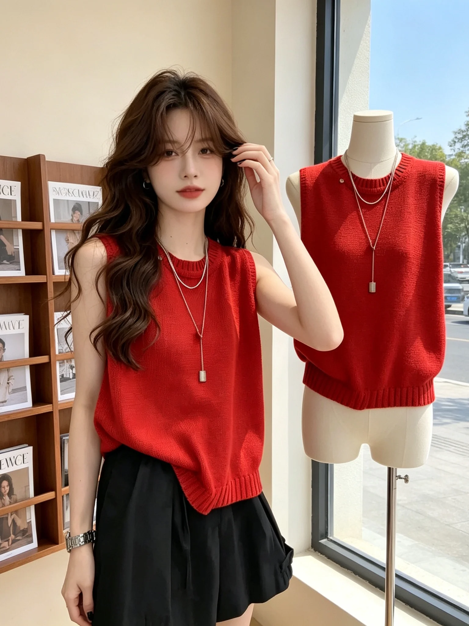 plus Size Red Slimming Button up Knitted Vest Women's Summer Thin No Sleeve Knit Tank Top Covering Flank Fat MM Appearing Skinny