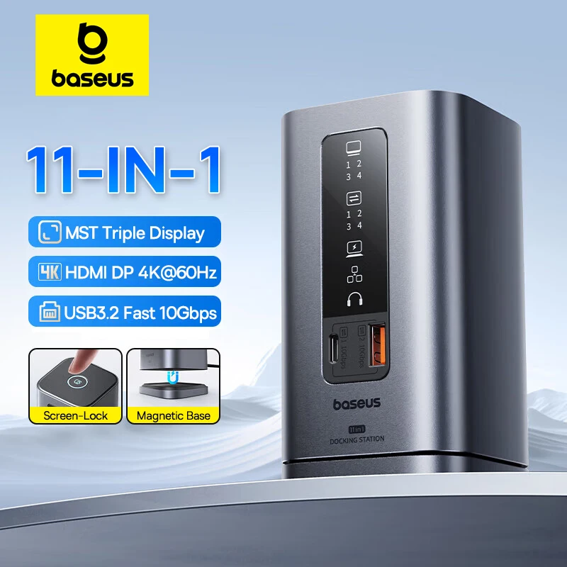 Baseus 11-IN-1 USB C HUB HDMI DP 4K@60Hz MST Triple Display USB 3.2 Splitter with RJ45 3.5mm Mic PD100W Magnetic Docking Station