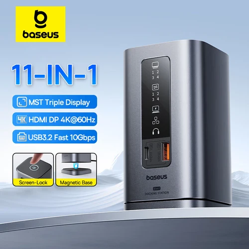 Baseus 11-en-1 USB C HUB HDMI DP 4K @ 60Hz MST Triple pantalla USB 3,2 divisor con micrófono RJ45 de 3,5mm PD100W estación de acoplamiento magnética