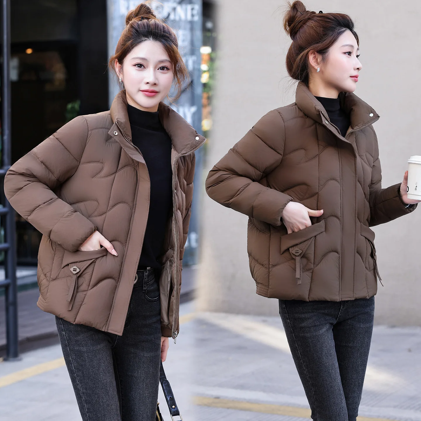 

2025 Хлопковая куртка, короткий стиль, утягивающий воротник-стойка, пуховый сезон, стильный и теплый, темпераментный, облегающий крой