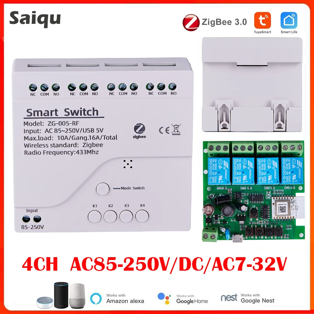 4CH Zigbee Tuya Smart Home Relay Module 85-250V Relay AC DC 7-32V 85-250V Works Alexa Google Assistant Smart Light Switch