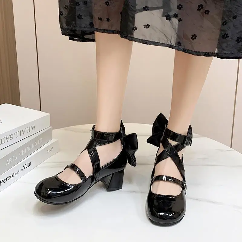 Japanese Lolita Butterfly Thick Sole High Heels Mary Jane Kawaii Shoes for Women Leather Girls Single Shoe