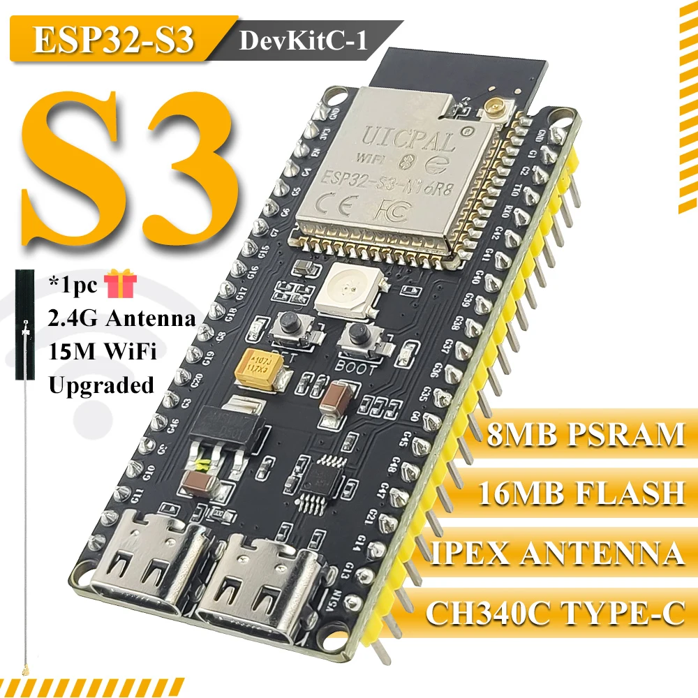 ESP32-S3-DevKitC-1 Development Board BT 2.4G Wifi Module for Arduino 8MB PSRAM 16MB FLASH N16R8 42Pin CH340C Type-C ESP32 S3