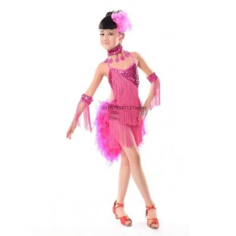 Children's Latin Dance Dress Performance, Girls' Sequin Tassel Feather Performance Costume, Group Stage Performance, Dance Dress