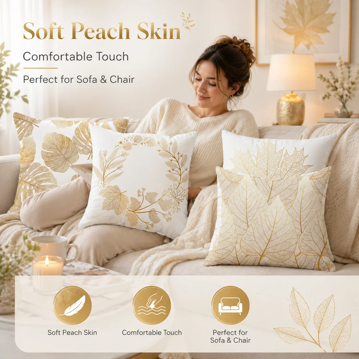 Gold Leaf Printed Cushion Cover Peach Skin 2D Flat Botanical Throw Pillow Case for Sofa Living Room Modern Home Decor 45x45