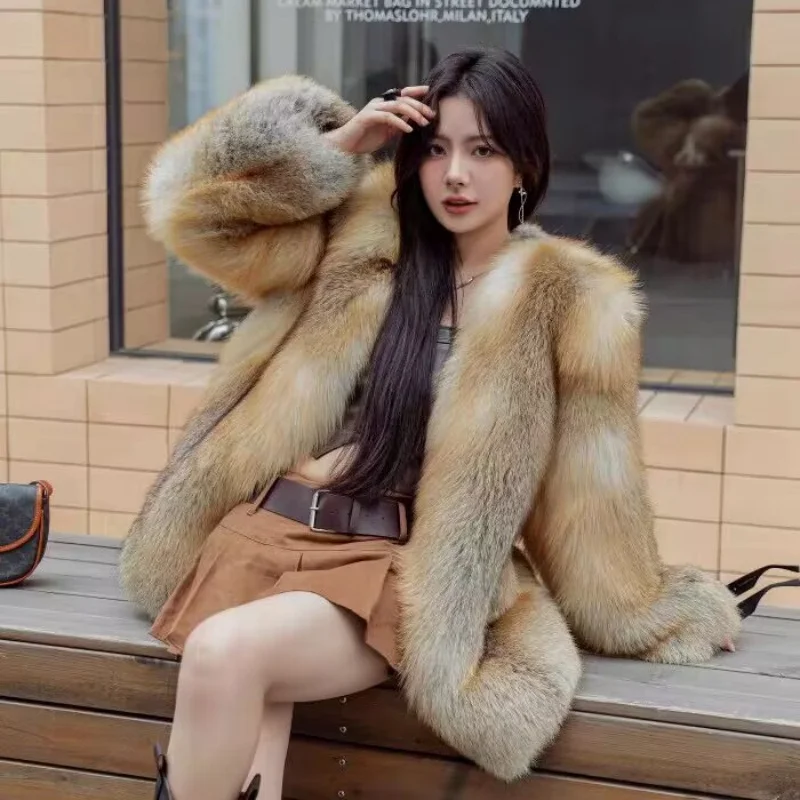 2024 Autumn/Winter New High end Grand Round Neck Mid length Full Leather Imported Golden Island Fox Fur Coat for Women