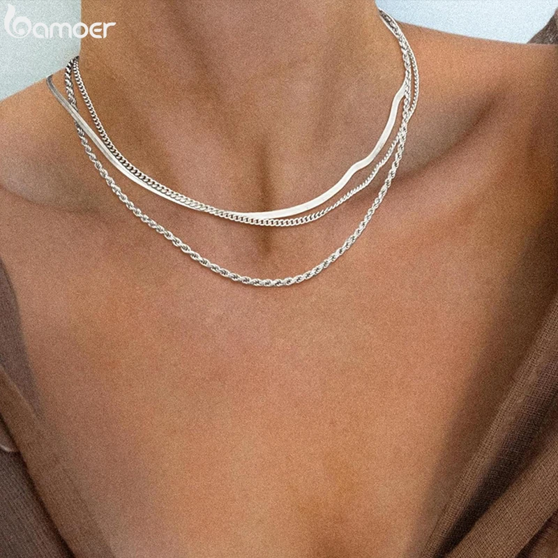 BAMOER 925 Sterling Silver Dainty Herringbone Basic Chain Necklace for Women Girls,  Gold Plated Snake Chain Necklace BSA011