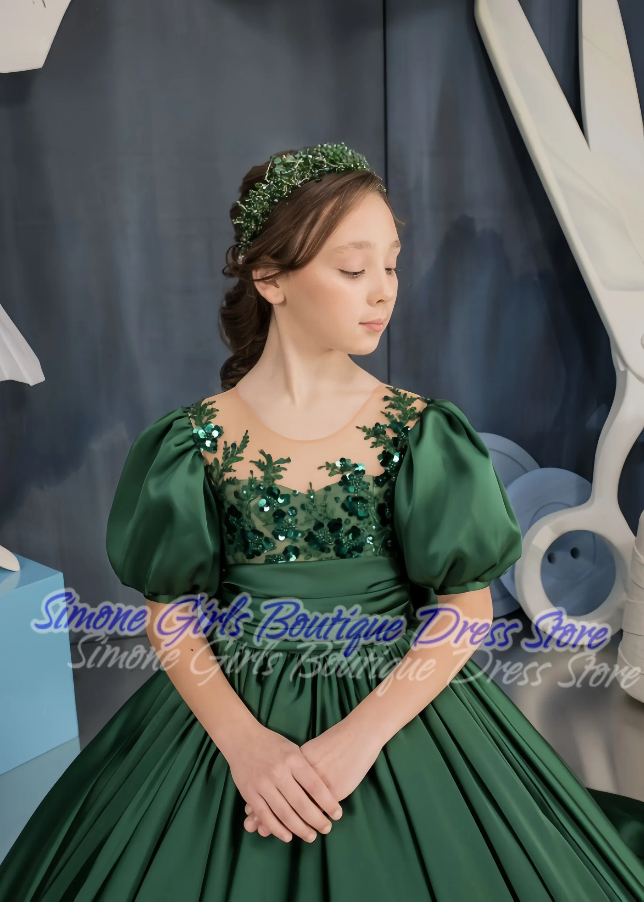 Princess Dress Contrast Lace Lace Up Sequin Lantern Sleeve Flower Girls Dresses for Birthday Parties Formal Receptions