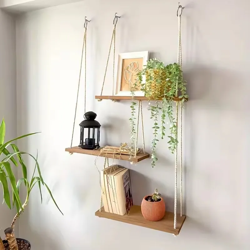 Three-Tier Macrame Hanging Shelves Crafted for Indoor Plants and Stylish Home Decoration