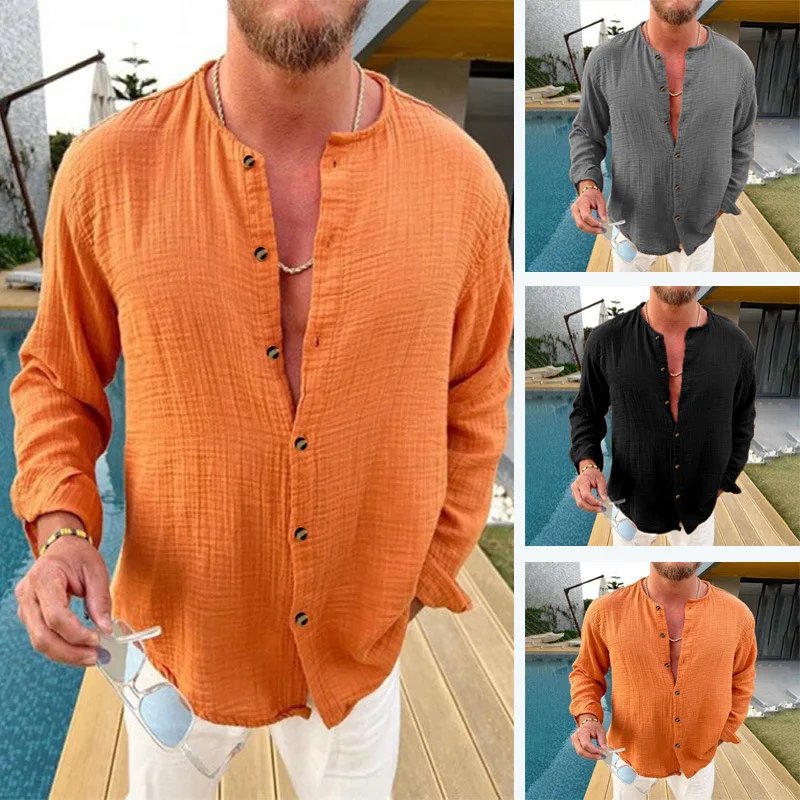 Men's Summer Cotton Stand Collar Shirt Casual Loose Wrinkle Design Long Sleeve Breathable Lightweight Tops Fashion Man 2026