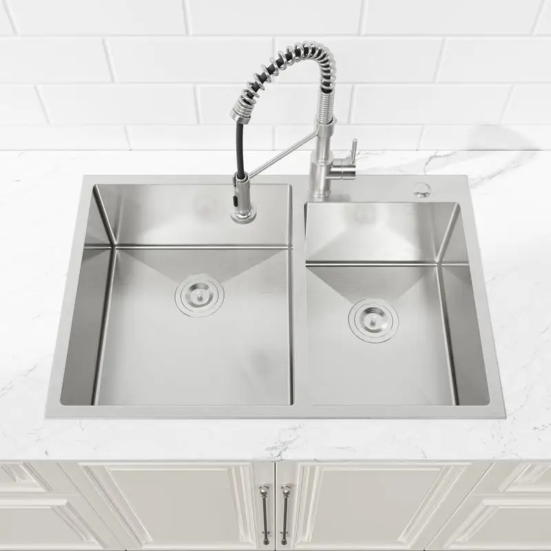 33"x19" Embedded Double Bowl Kitchen Sink, Overmount Handmade Sink in Brushed Finish, Stainless Steel Sink, Durable Kitchen