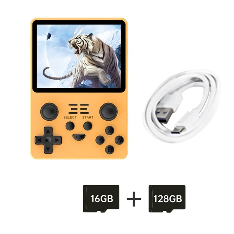 RGB20S Retro Game Console Handheld Video Game Console Easy To Use 16G+128G 3.5 Inch IPS Screen Open Source System (Yellow)