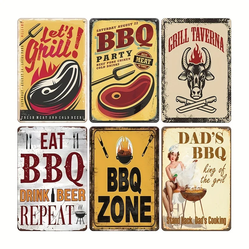 ديكور الغرفة 6 قطع مجموعة لافتات معدنية من القصدير للشواء الرجعية، لوحات فنية جدارية لحفلات الشواية العتيقة، 30.48 × 20.32 سم للمنزل والمطعم