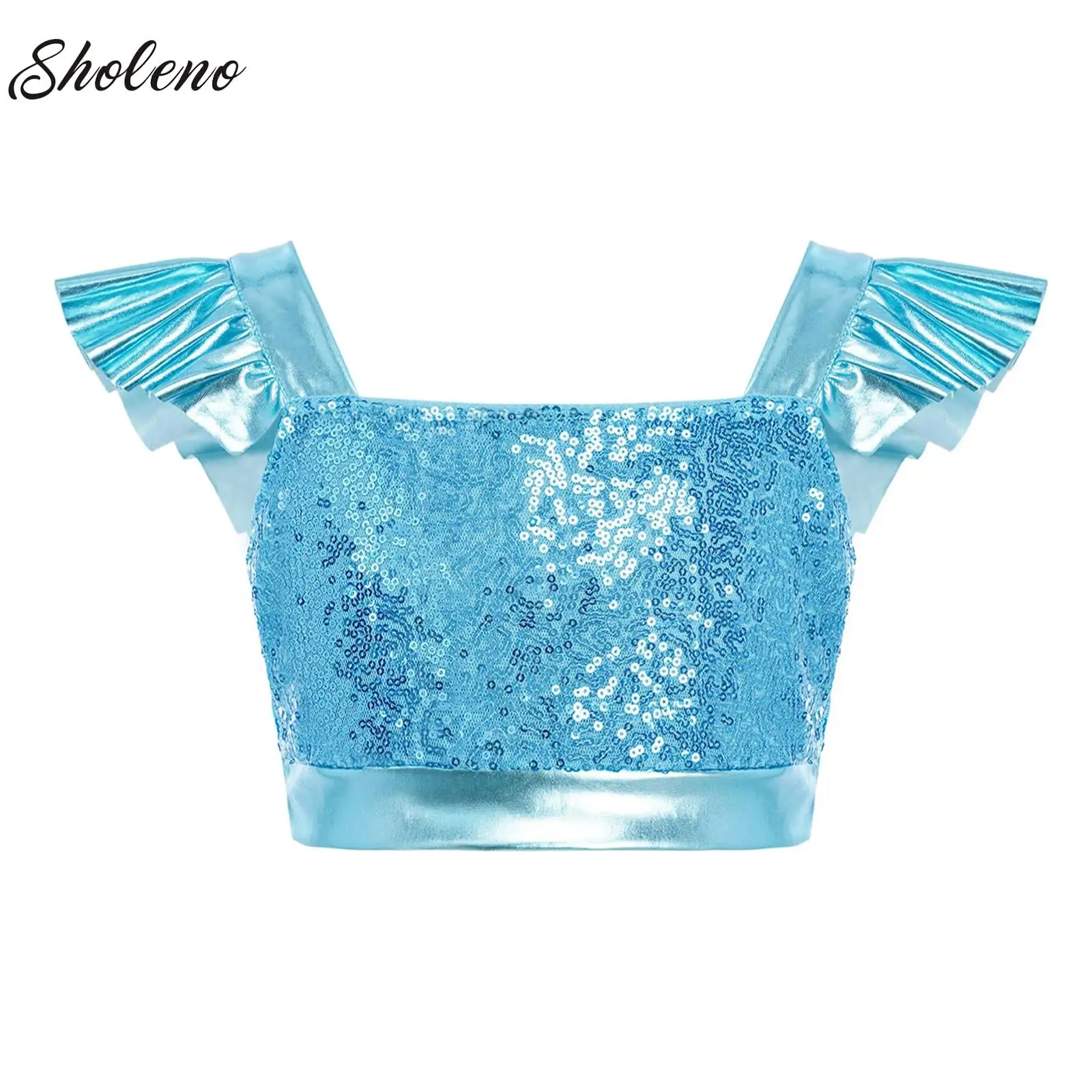 

Kids Girls Sequins Jazz Dance Crop Top T-shirts Fashion Shiny Stage Performance Costume Sparkling Sequin Metallic Vest Camisole