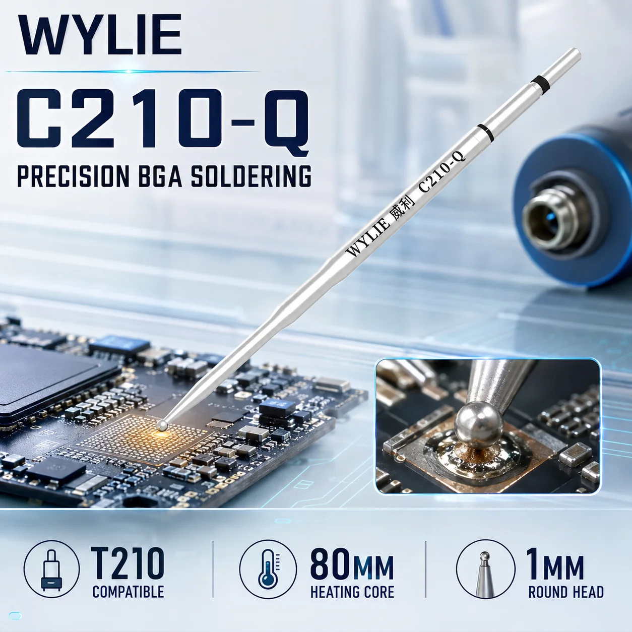 WYLIE C210-Q Spherical Soldering Iron Tip 80mm Heating Element T210 Handle Compatible for Mobile Phone Logic Board BGA Repair