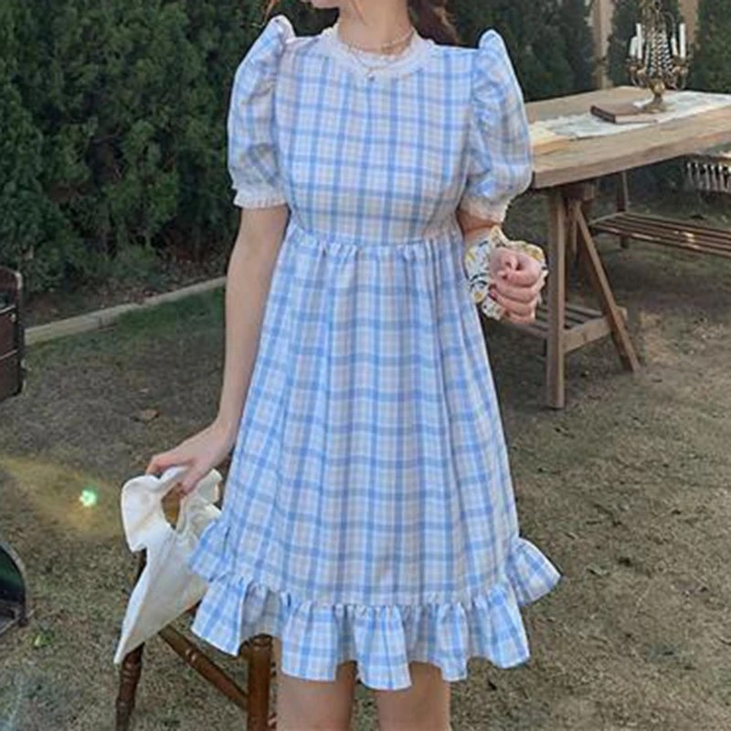 

Dress women's 2024 summer new college style blue plaid puff sleeves waist slim plaid stand collar gauze skirt