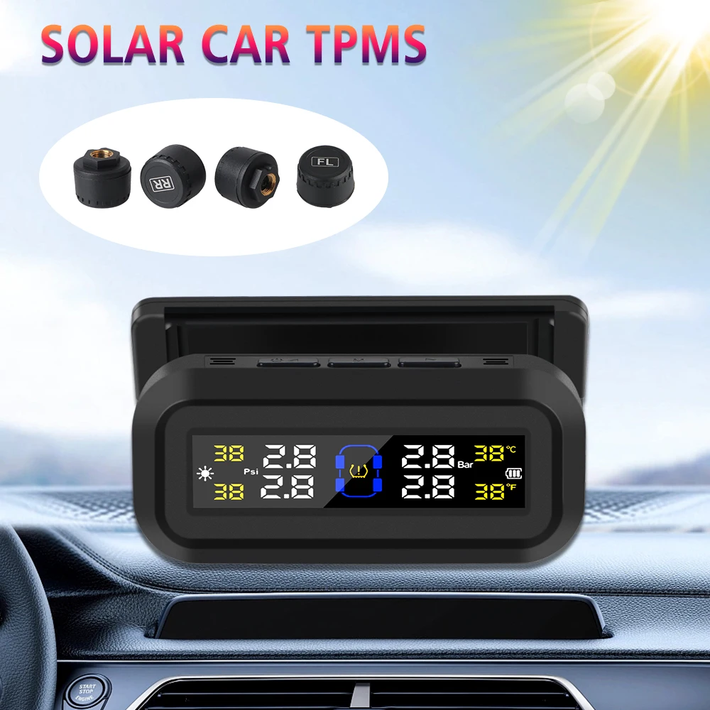 Système de surveillance de la pression des pneus de voiture, TPMS solaire, affichage numérique LCD, testeur de température des pneus automobiles, ensemble d'alarme de sécurité, 4 capteurs TPMS