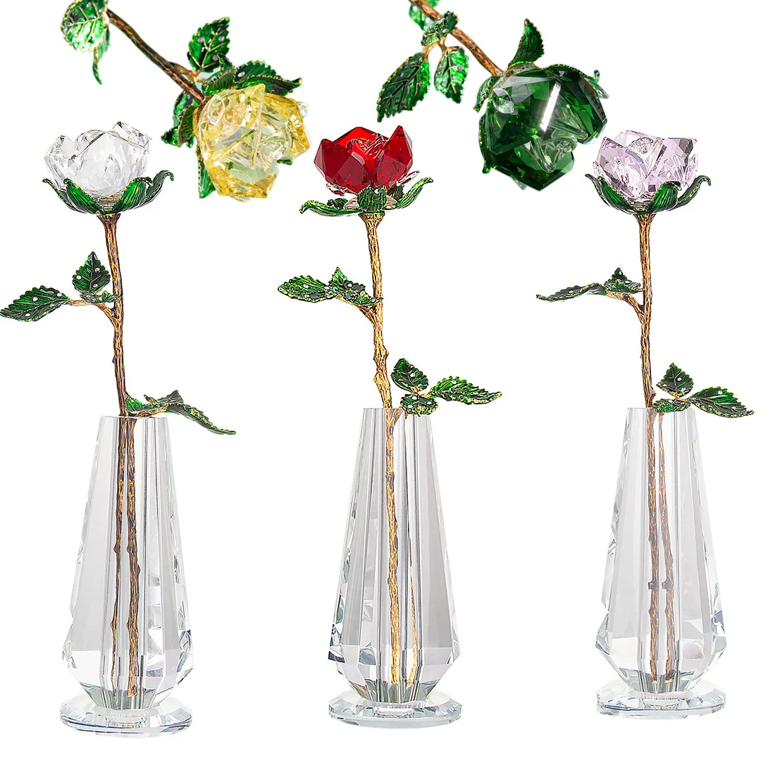 7-Farben-Kristall-Rosenvase-Figur, goldene grüne Blätter, Rose, Ornament, Heimdekoration, Geburtstag, Hochzeit, Geschenk – Detail 3