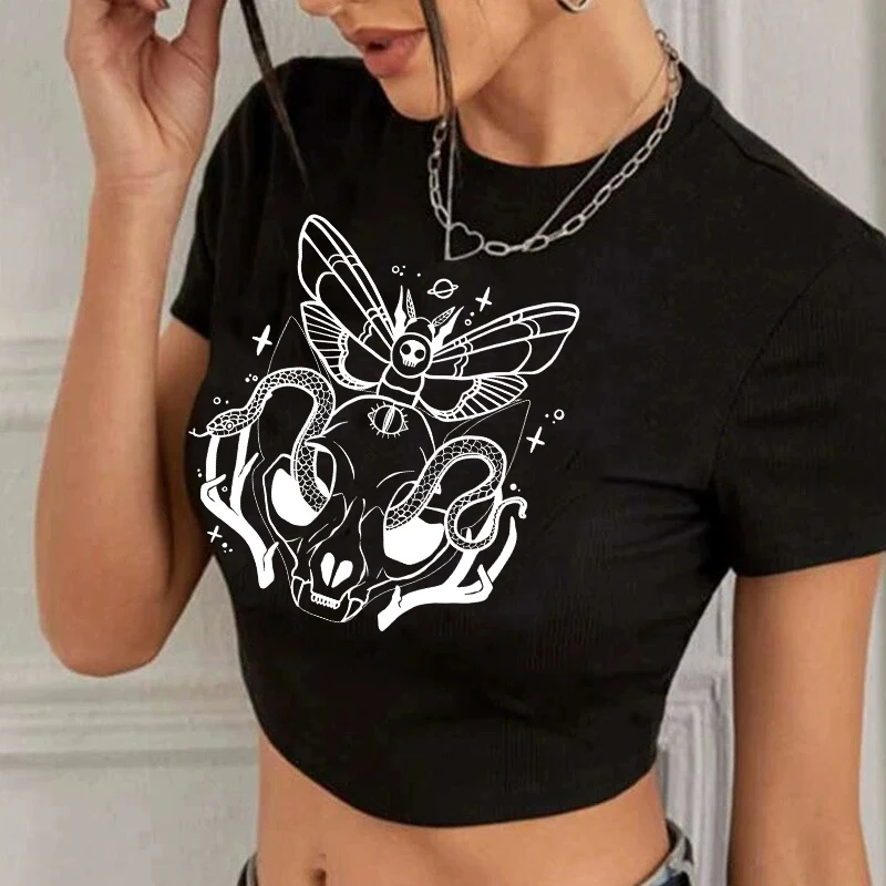 

2000s Punk Creative Comic Pattern Printing Crop Top Gothic Slim Summer Women Baby Tee Aesthetics Streetwear Y2k Vintage T-Shirts