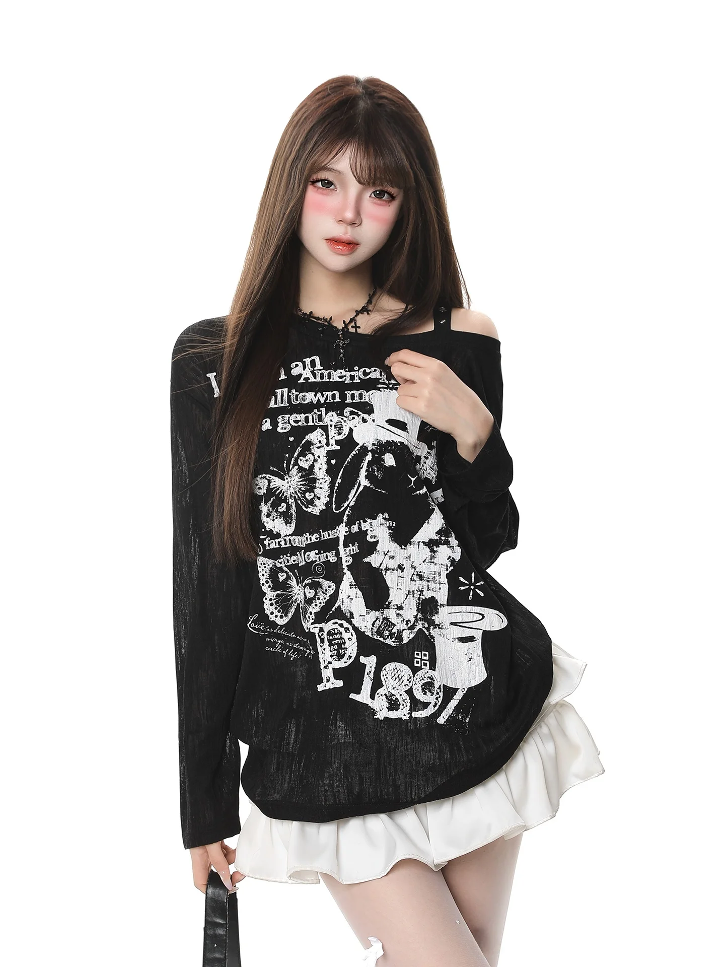 

Женская свободная футболка с длинным рукавом и асимметричным воротником в стиле Y2K с принтом в стиле аниме, весенняя, с открытыми плечами, свободного кроя