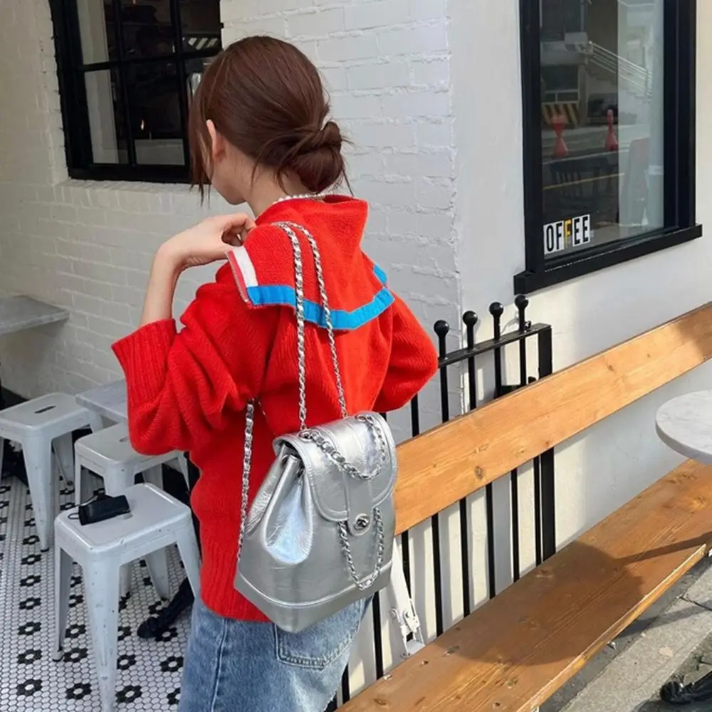 Women Korea autumn winter mini chains backpack female ins student oil wax leather shoulder bag travel bagpack black rucksack sac