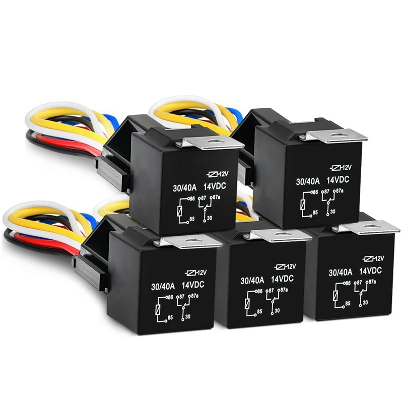 Automotive Kit 5 Pin 30/40A 12V SPDT Relay Socket And Wiring Harness With Interlock - 5 Pack