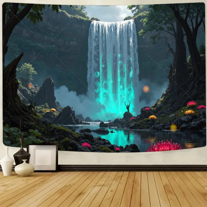 

1шт настенный гобелен зачарованный лес водопад гобелен-мистическое сияние и сцена природы