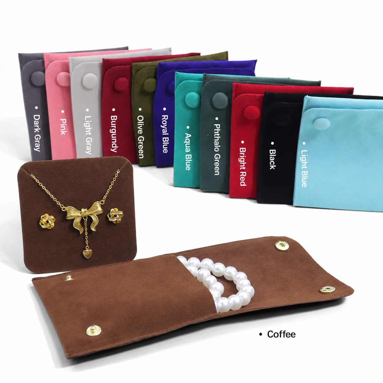 Jewelry Bag Double-Sided Velvet Double Snap Button Jewelry Pouch Portable Foldable Storage Bag For Necklaces Earrings Bracelets