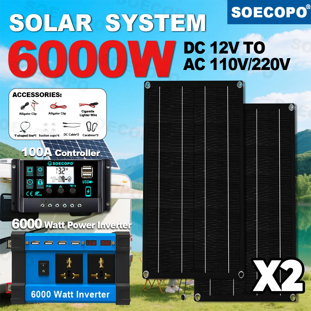 

SOECOPO 6000W Portable Inverter with 4 USB Full Solar Kit for Home Camping Car Use Includes 2x800W Solar Panels 100A Controller