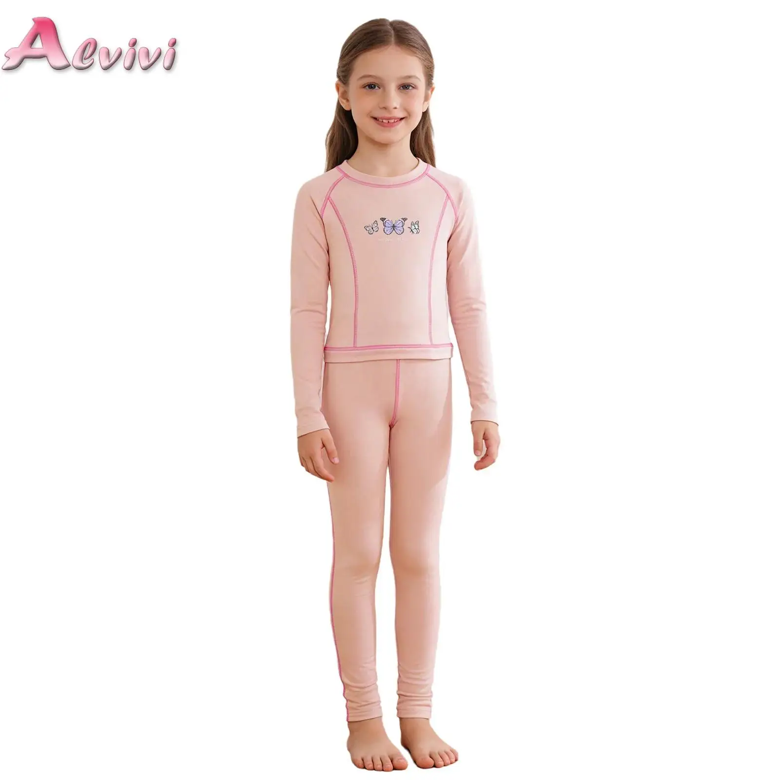 

Kids Girls Contrasting Trim Thermal Underwear Set Base Layer Homewear Loungewear Sleepwear Long Sleeve Butterfly Top with Pants