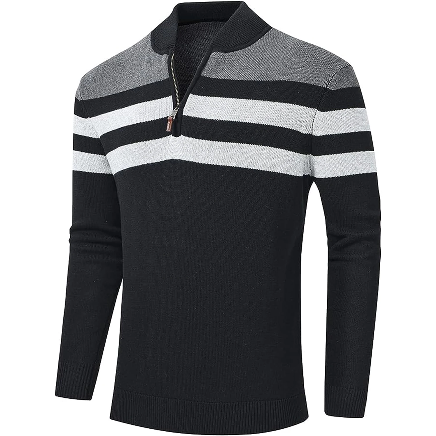 Autumn and Winter Men's Sweater Zipper Pullover Striped Sweater Warm Casual Tops