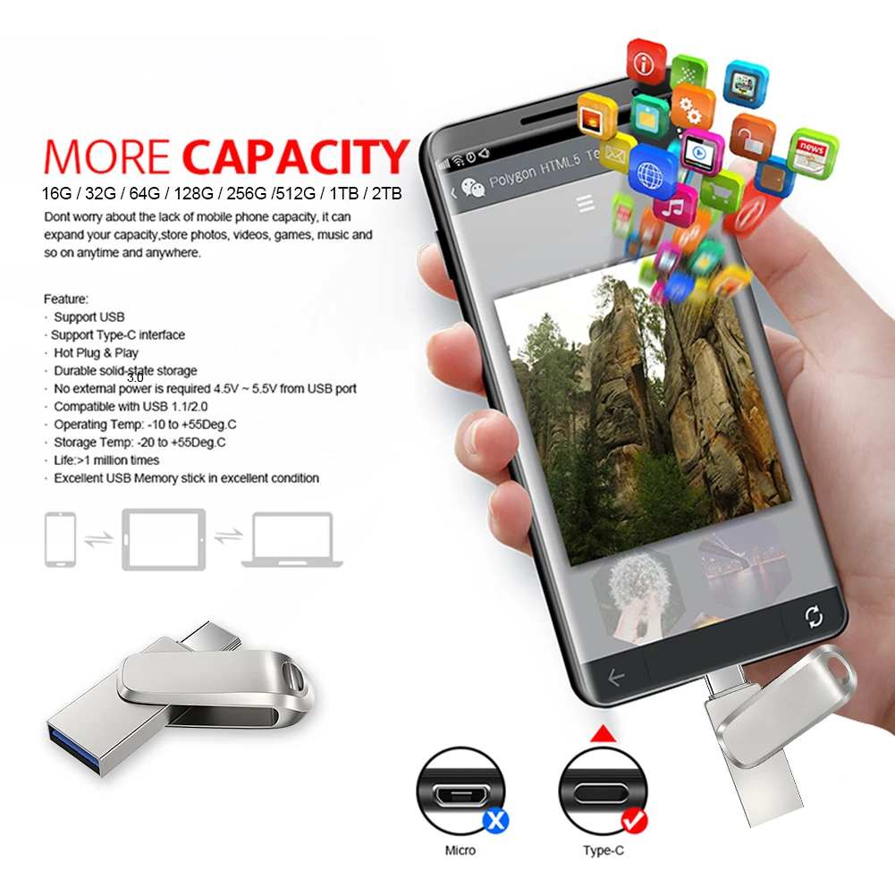 For Xiaomi 2tb USB Flash Drives 1tb 512gb USB 3.1 OTG High-Speed PenDrive Metal Waterproof Portable USB Memory For Computer