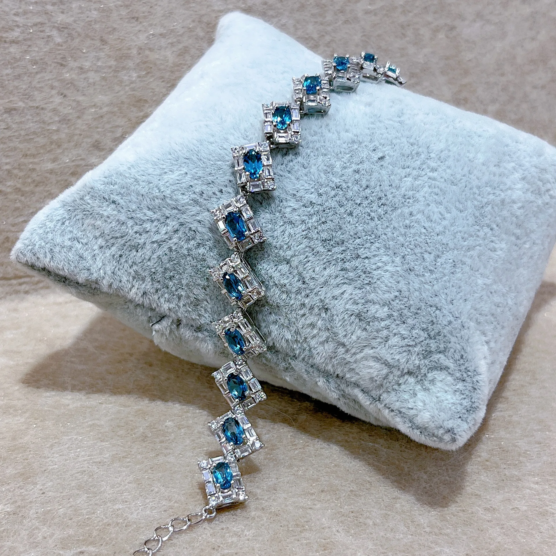 S925 Sterling Silver White Gold Plated Tennis Bracelet Natural London Blue Topaz 3*5mm Rectangle Stone Surrounded Crystal