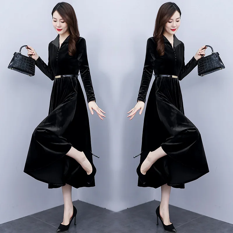 Women Elegant Velvet Midi Dress With Belt Autumn Winter Korean Long Sleeve Bodycon Vestidos Office Lady V-Neck Prom Party Dress
