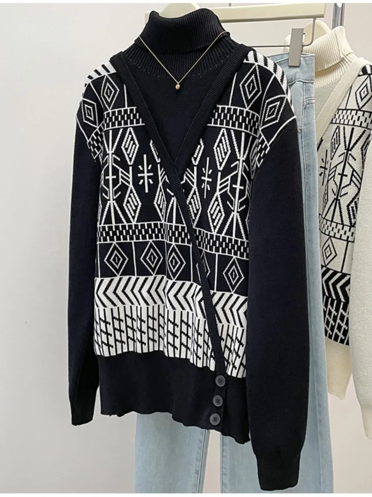 Sweater ukuran Plus, Sweater wanita longgar perca tidak beraturan, Sweater wanita, atasan motif geometris, Sweater musim gugur leher Turtleneck ukuran Plus