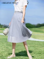 I BELIEVE YOU Solid Korean Style Skirt Summer Bright Silk Elastic Waist Pleated  Aline Skirt Calf-Length Woman Skirts 2222024511