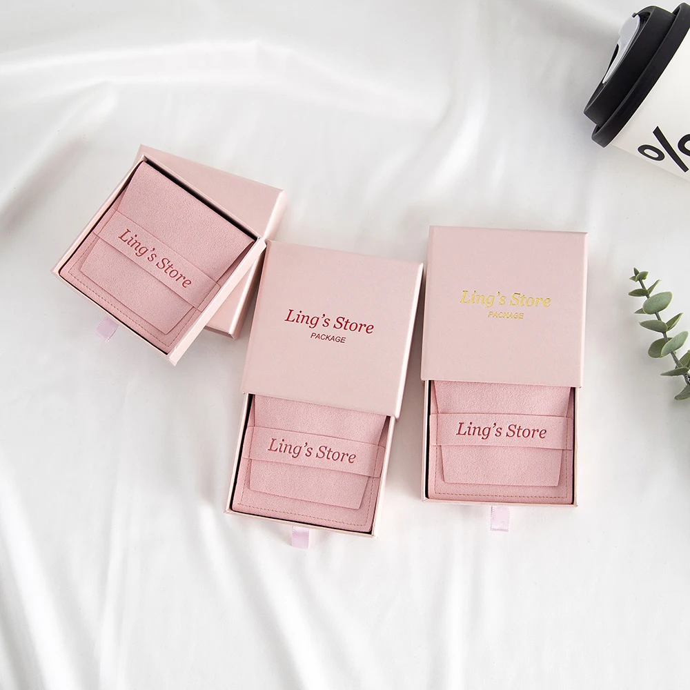 Personalized Logo 8x8cm Jewelry Bag and 9x9x2.5cm Pink Custom Drawer Paper Box Print Earring Packaging Gift Pouch Wedding Favors