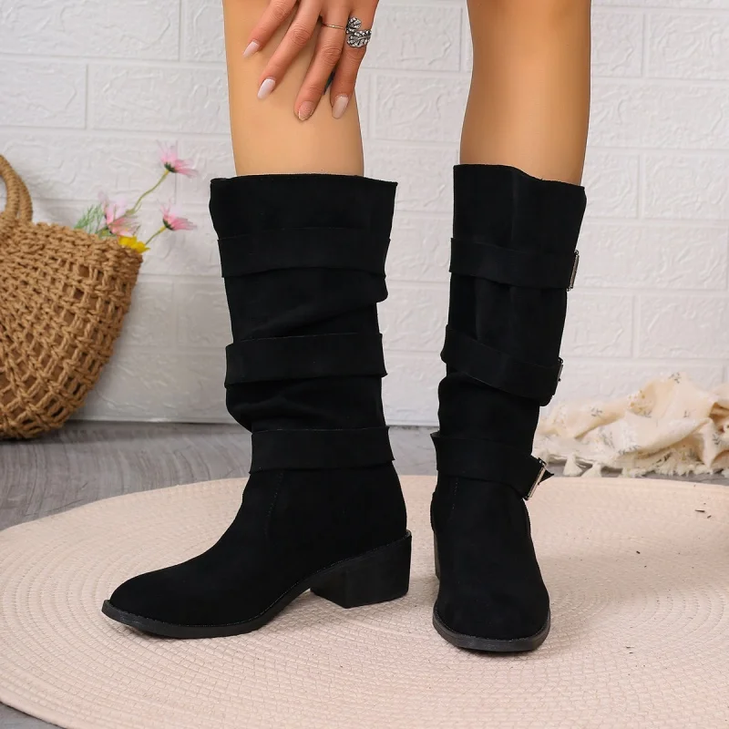 Cow Suede Mid-Calf Modern Boots for Women Fashion Winter Solid Slip-on Rubber Ladies Shoes Med Heel Round Toe Pu Boots