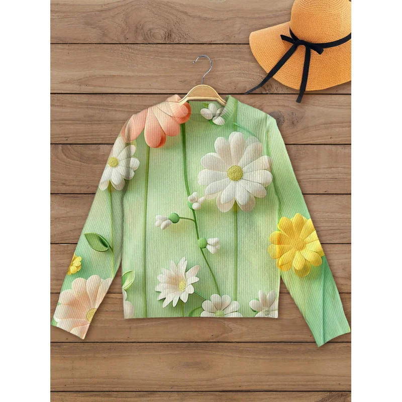 

Countryside Floral Design Print Women's Sweater Knit Pullover Warm Loose Round Neck Long Sleeve Autumn Winter Casual Daily