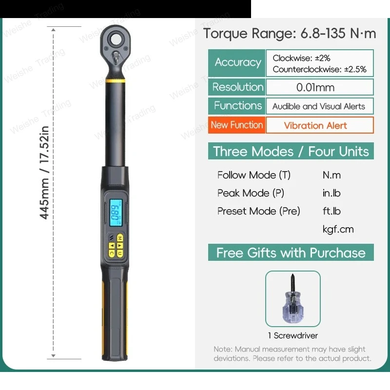Digital Torque Wrench 1.5-340N.m with Preset Values 2% Accuracy Buzzer and LED Flash Notification