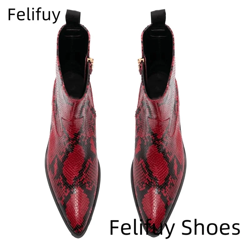 Cowhide Snake Printed Boots Men's Chelsea Boots Spring Fashion Personality New Pointed Toe Heightened Side Zipper Casual Shoes