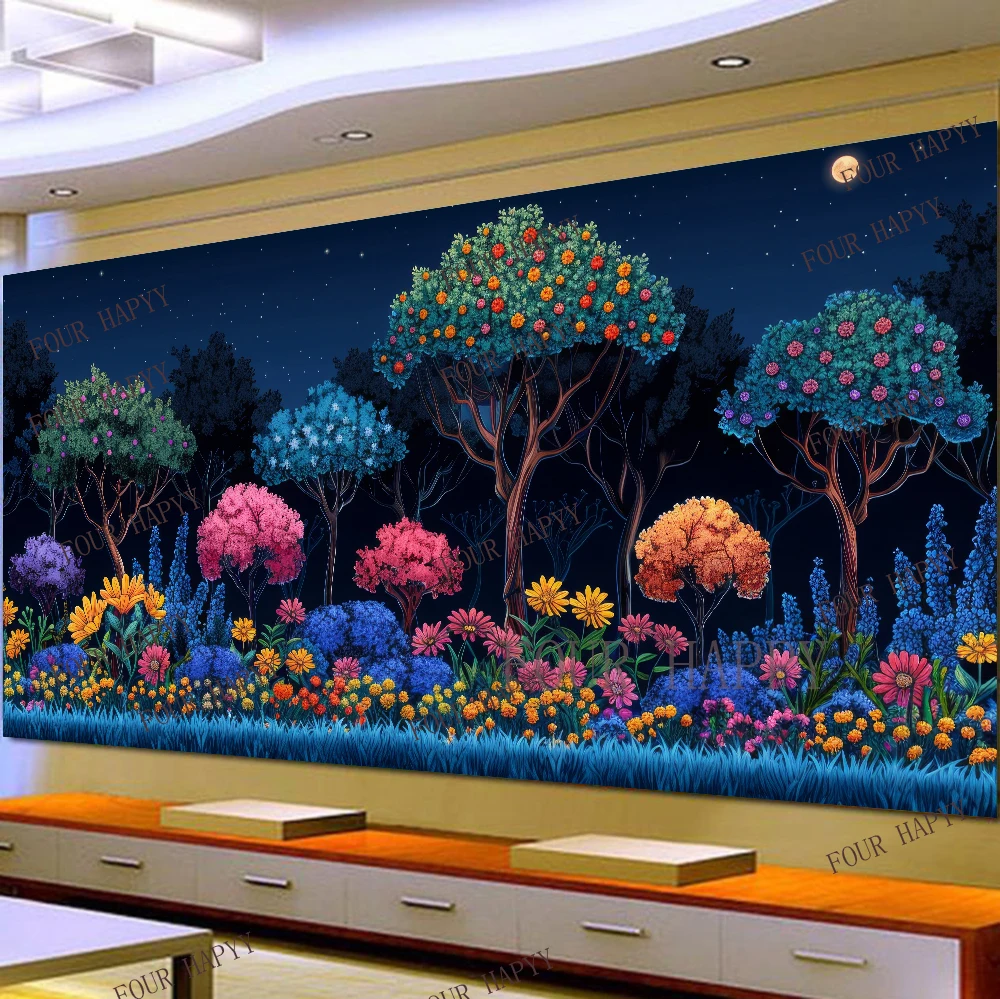 5D DIY Large Diamond Painting Cross Night Flowers and Trees Landscape Wall Art, Full Round Drill, Embroidery Home Decor