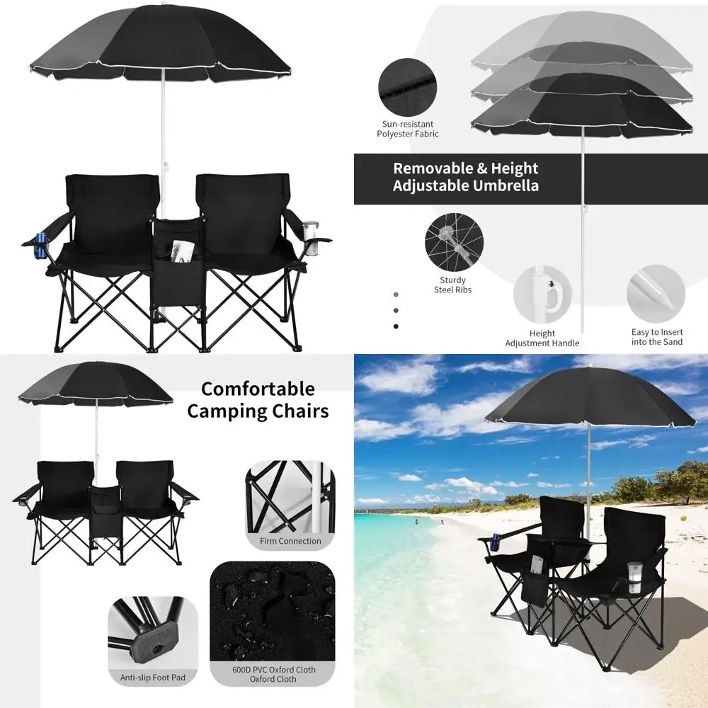 

Folding Loveseat Chairs with Umbrella and Canopy Shade, Portable Outdoor Beach Chairs with Carrying Bag, Table, and Cup Holders